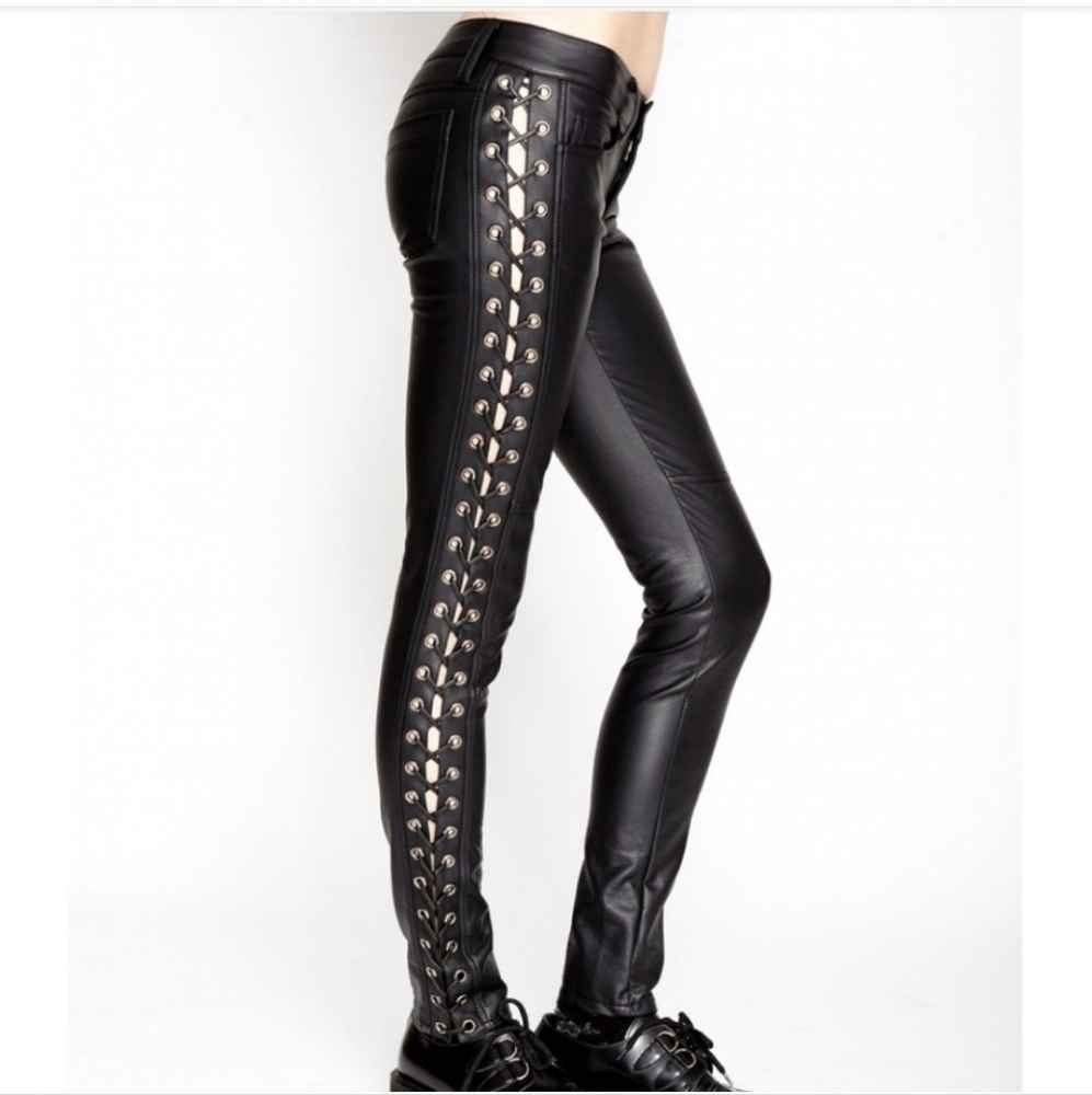Tripp NYC Black Faux Leather Jeans with Silver Eyelets Lace Up Punk Goth